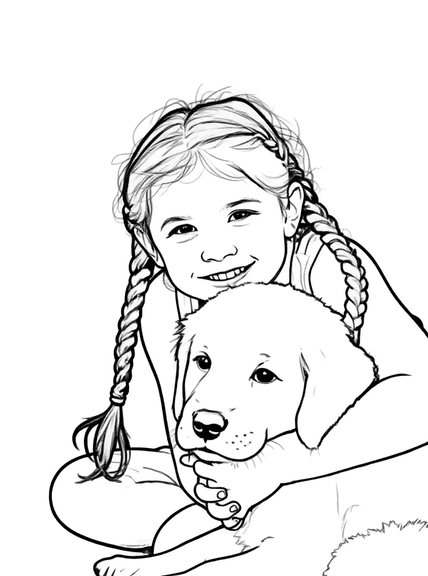 AI-generated coloring page line art of girl and dog