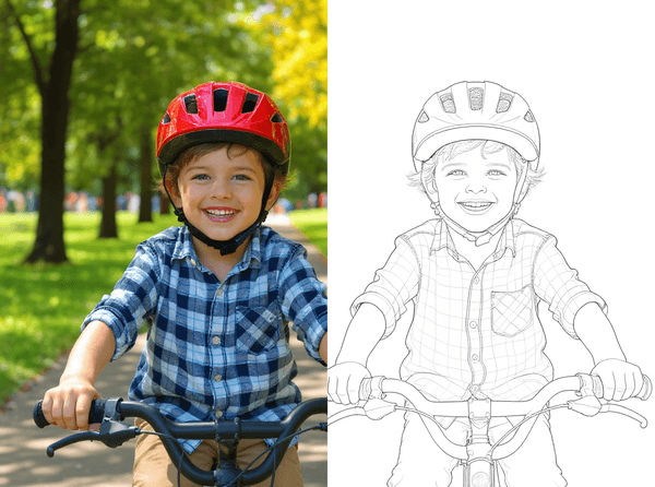 Photo transforming into coloring book line art - AI magic in action